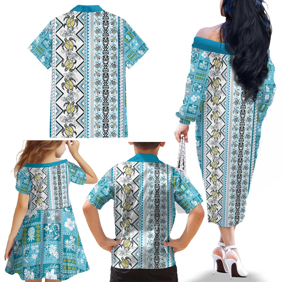 Hawaii Makahiki Turtle Family Matching Off The Shoulder Long Sleeve Dress and Hawaiian Shirt Blue Tapa Pattern - Polynesian Pride