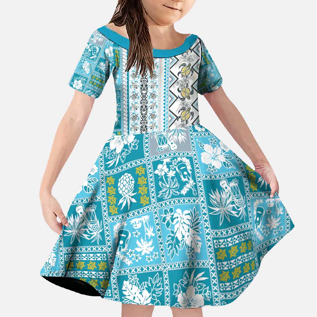 Hawaii Makahiki Turtle Family Matching Off Shoulder Maxi Dress and Hawaiian Shirt Blue Tapa Pattern - Polynesian Pride