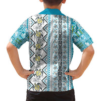 Hawaii Makahiki Turtle Family Matching Off Shoulder Short Dress and Hawaiian Shirt Blue Tapa Pattern - Polynesian Pride
