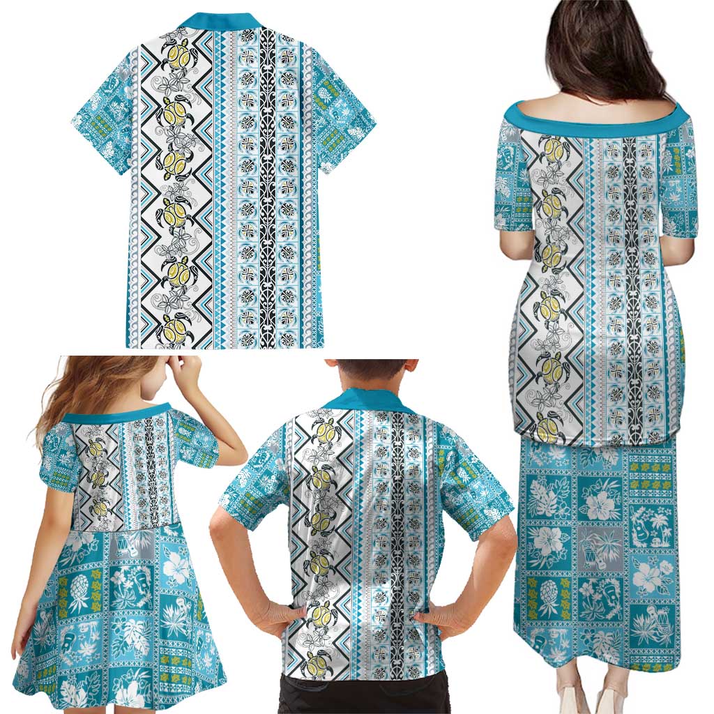 Hawaii Makahiki Turtle Family Matching Puletasi and Hawaiian Shirt Blue Tapa Pattern - Polynesian Pride