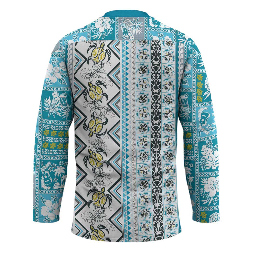 Hawaii Makahiki Turtle Hockey Jersey Blue Tapa Pattern - Polynesian Pride