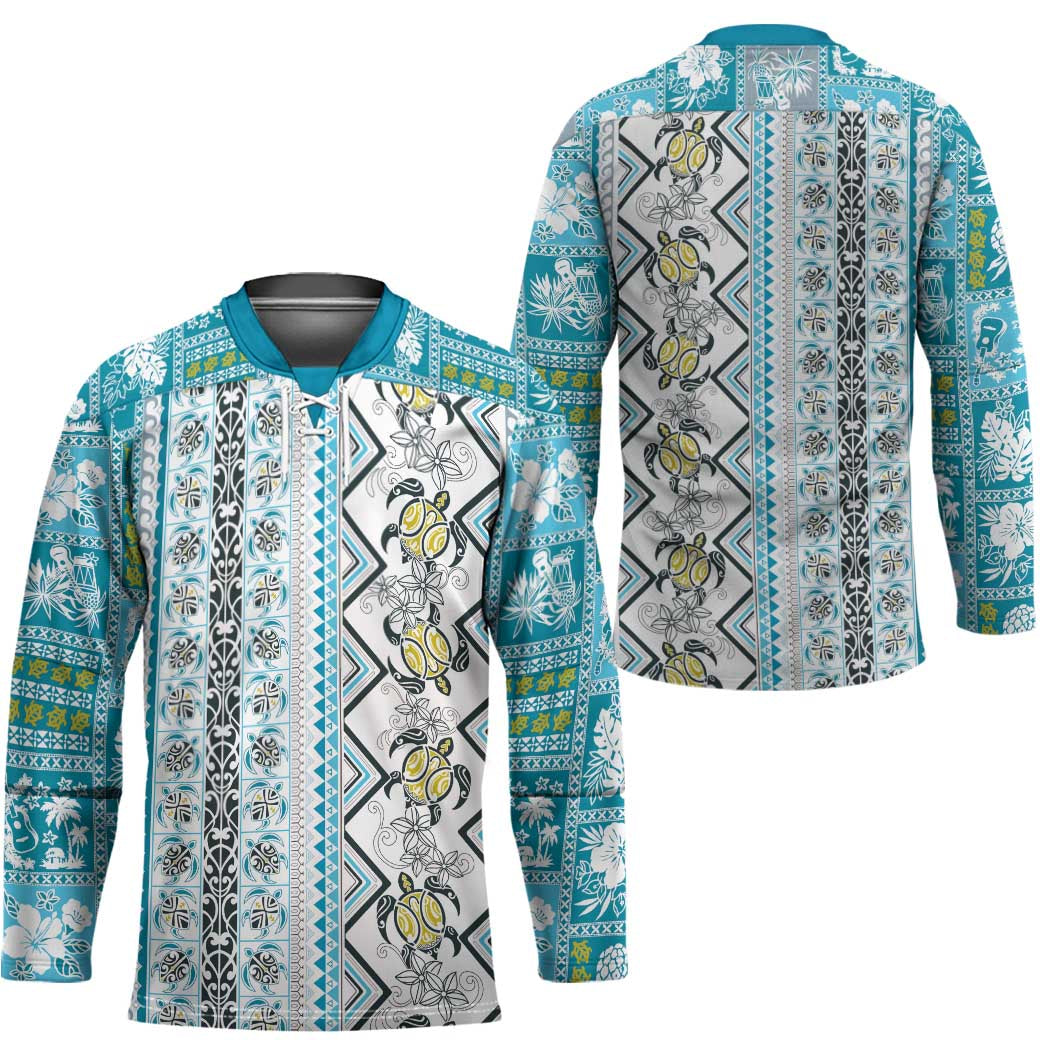 Hawaii Makahiki Turtle Hockey Jersey Blue Tapa Pattern - Polynesian Pride