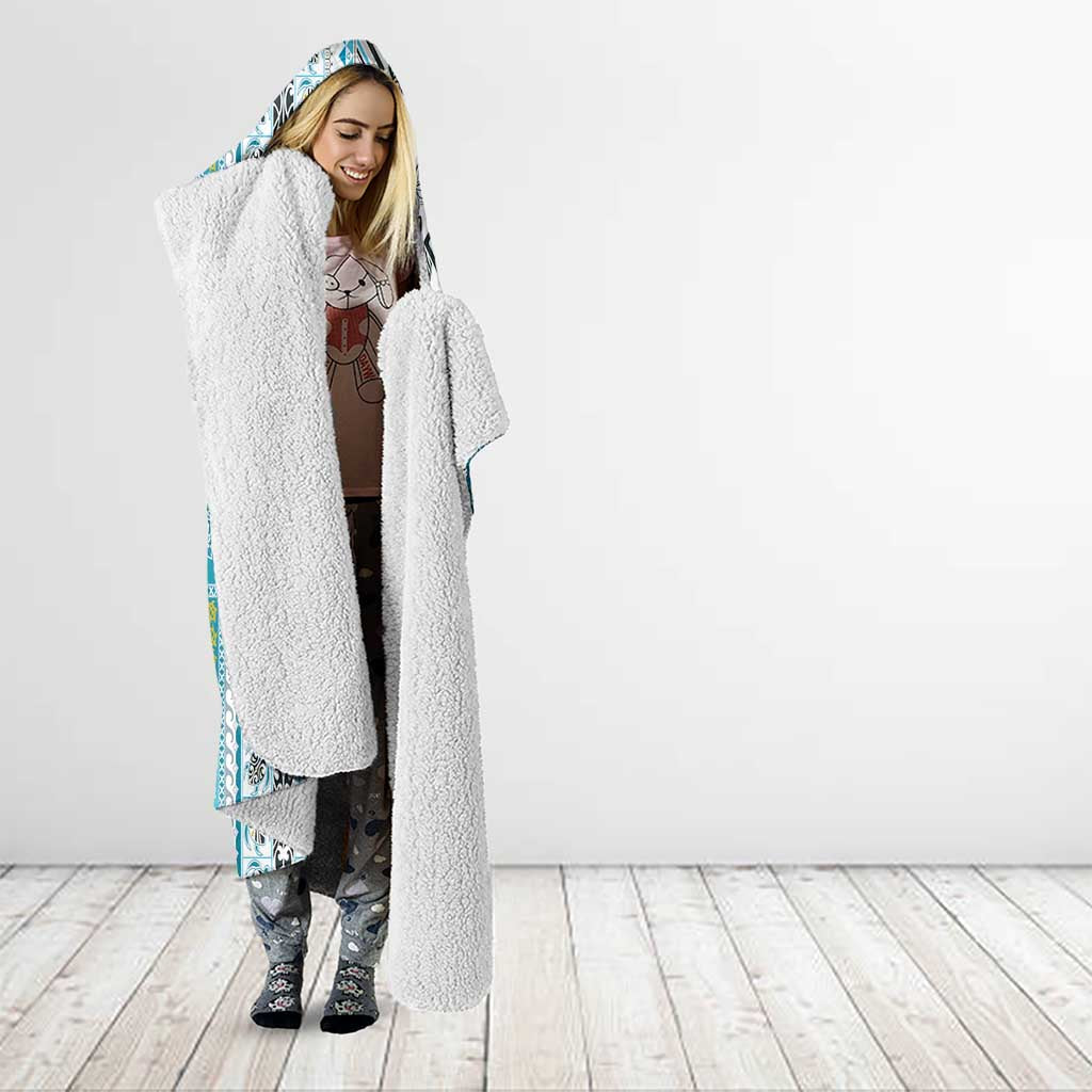 Hawaii Makahiki Turtle Hooded Blanket Blue Tapa Pattern - Polynesian Pride