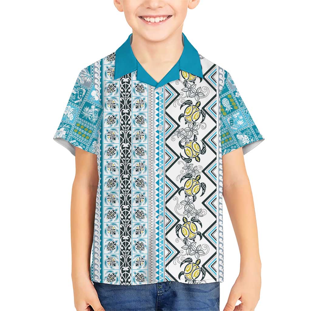 Hawaii Makahiki Turtle Kid Hawaiian Shirt Blue Tapa Pattern - Polynesian Pride