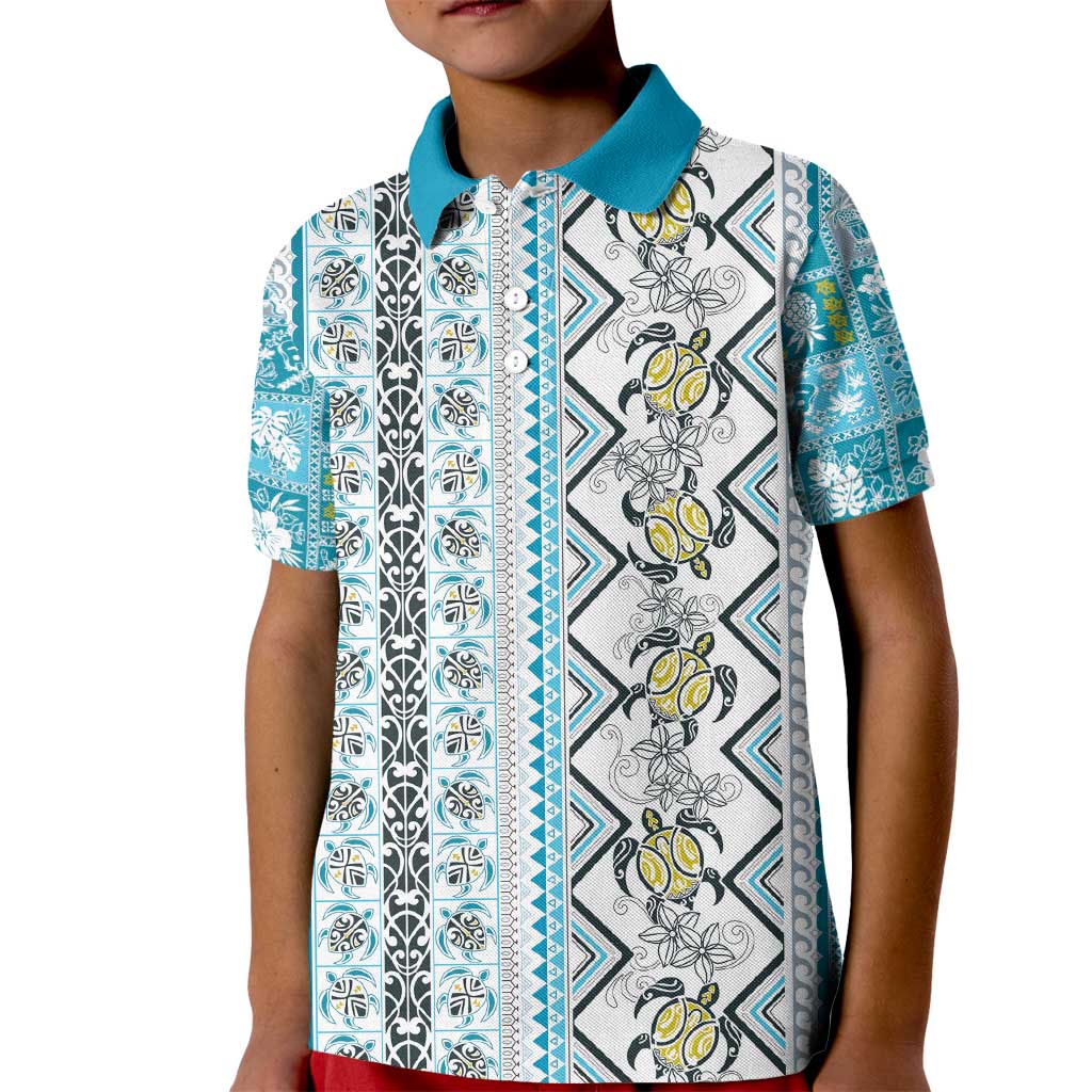 Hawaii Makahiki Turtle Kid Polo Shirt Blue Tapa Pattern - Polynesian Pride