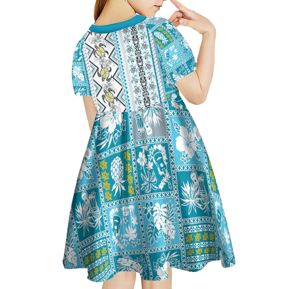 Hawaii Makahiki Turtle Kid Short Sleeve Dress Blue Tapa Pattern - Polynesian Pride