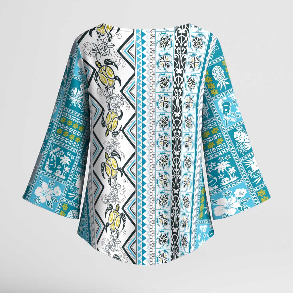 Hawaii Makahiki Turtle Kimono Sleeve Blouse Blue Tapa Pattern - Polynesian Pride