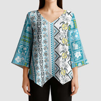 Hawaii Makahiki Turtle Kimono Sleeve Blouse Blue Tapa Pattern - Polynesian Pride