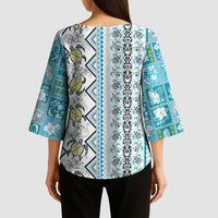 Hawaii Makahiki Turtle Kimono Sleeve Blouse Blue Tapa Pattern - Polynesian Pride