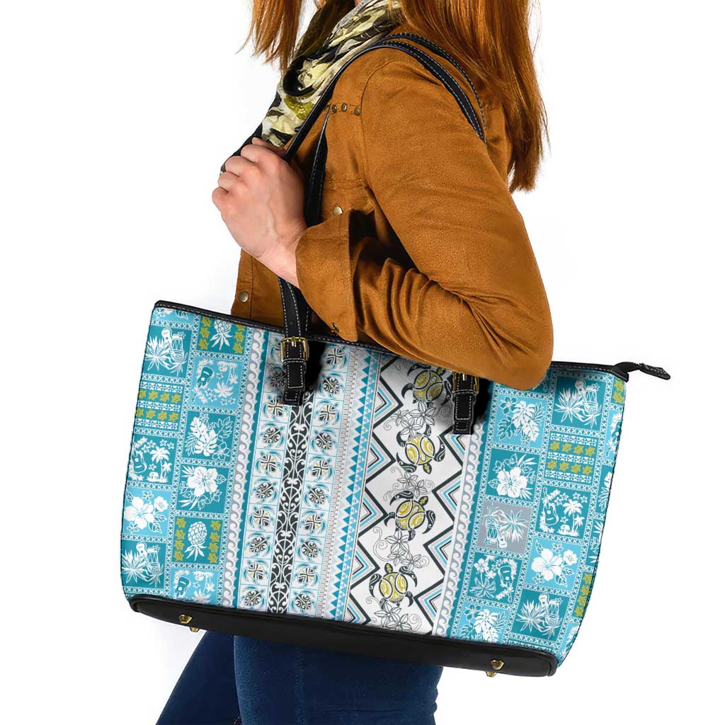 Hawaii Makahiki Turtle Leather Tote Bag Blue Tapa Pattern LT05 Blue - Polynesian Pride