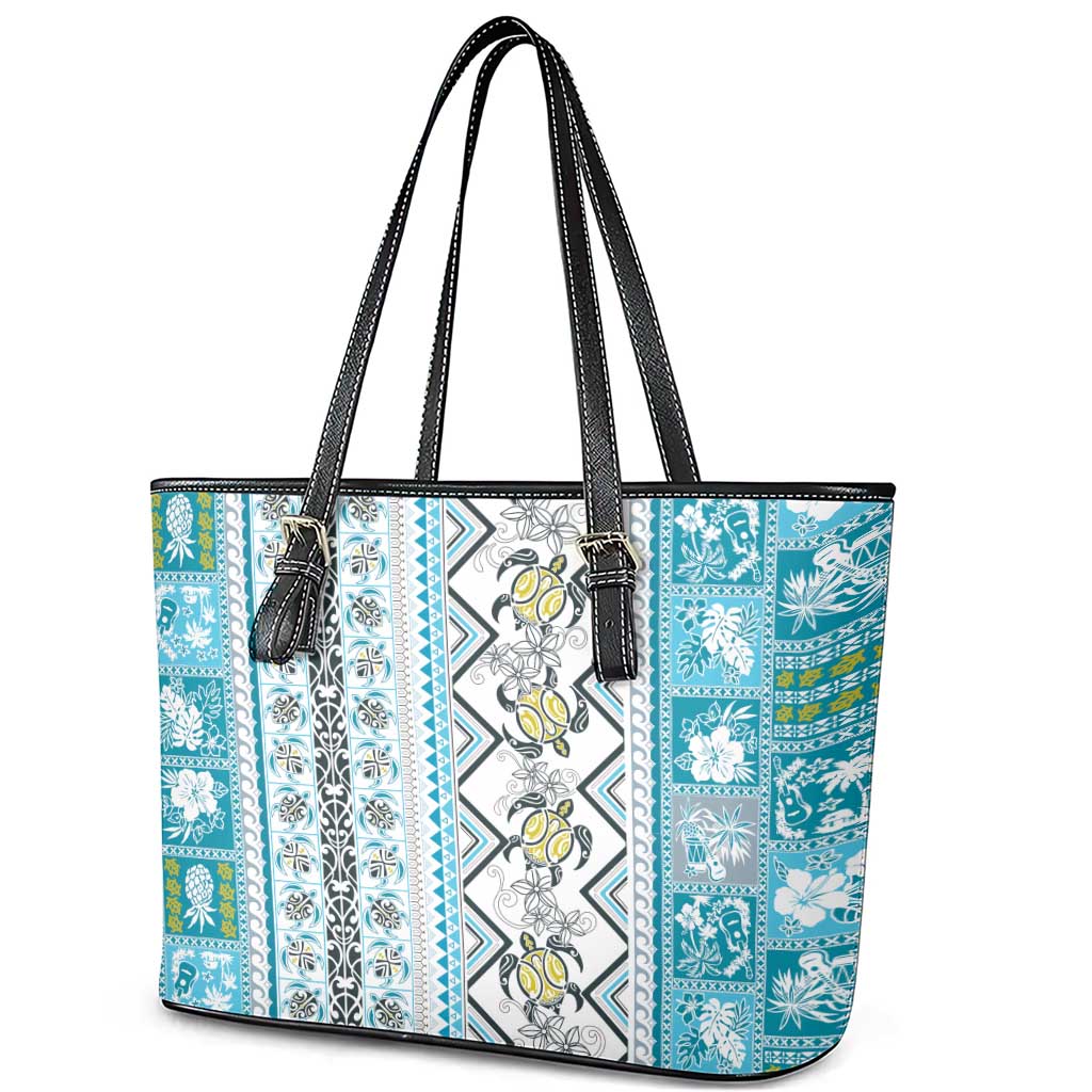 Hawaii Makahiki Turtle Leather Tote Bag Blue Tapa Pattern - Polynesian Pride
