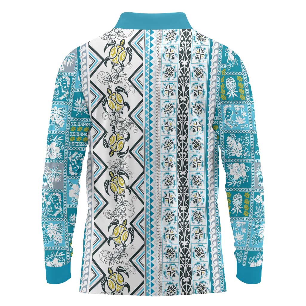 Hawaii Makahiki Turtle Long Sleeve Polo Shirt Blue Tapa Pattern - Polynesian Pride