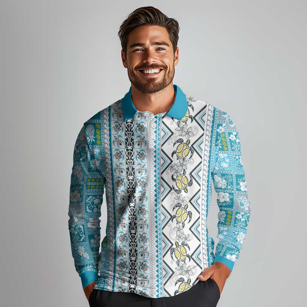 Hawaii Makahiki Turtle Long Sleeve Polo Shirt Blue Tapa Pattern - Polynesian Pride