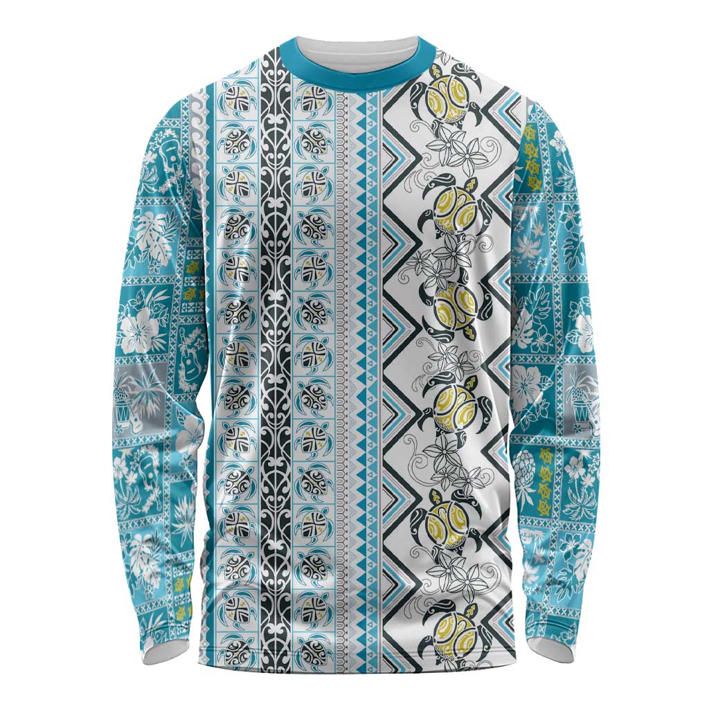 Hawaii Makahiki Turtle Long Sleeve Shirt Blue Tapa Pattern - Polynesian Pride