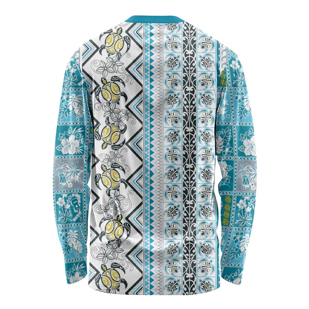 Hawaii Makahiki Turtle Long Sleeve Shirt Blue Tapa Pattern - Polynesian Pride