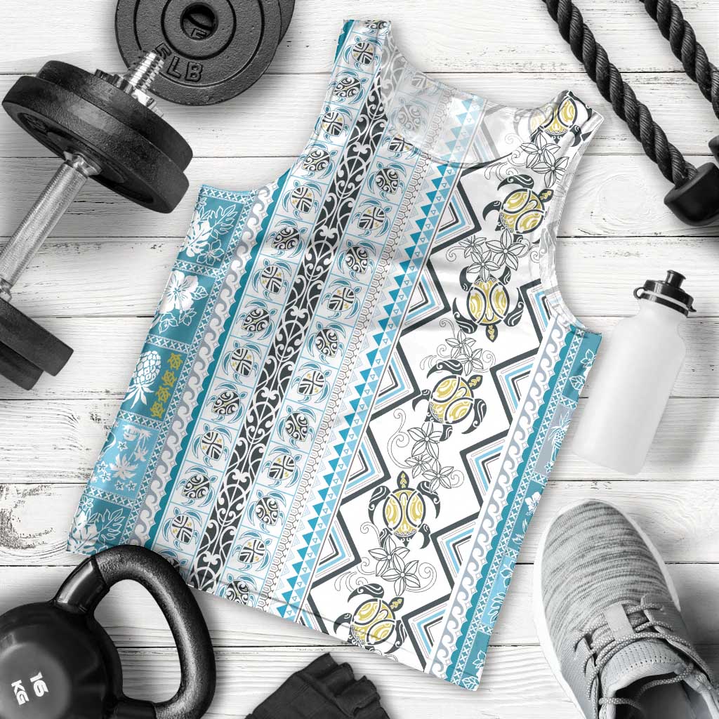 Hawaii Makahiki Turtle Men Tank Top Blue Tapa Pattern - Polynesian Pride