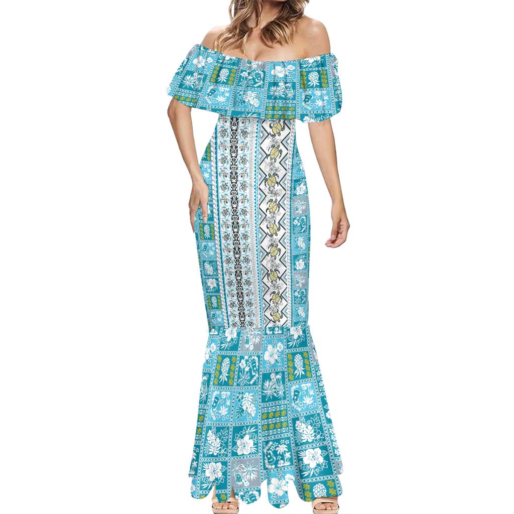 Hawaii Makahiki Turtle Mermaid Dress Blue Tapa Pattern - Polynesian Pride