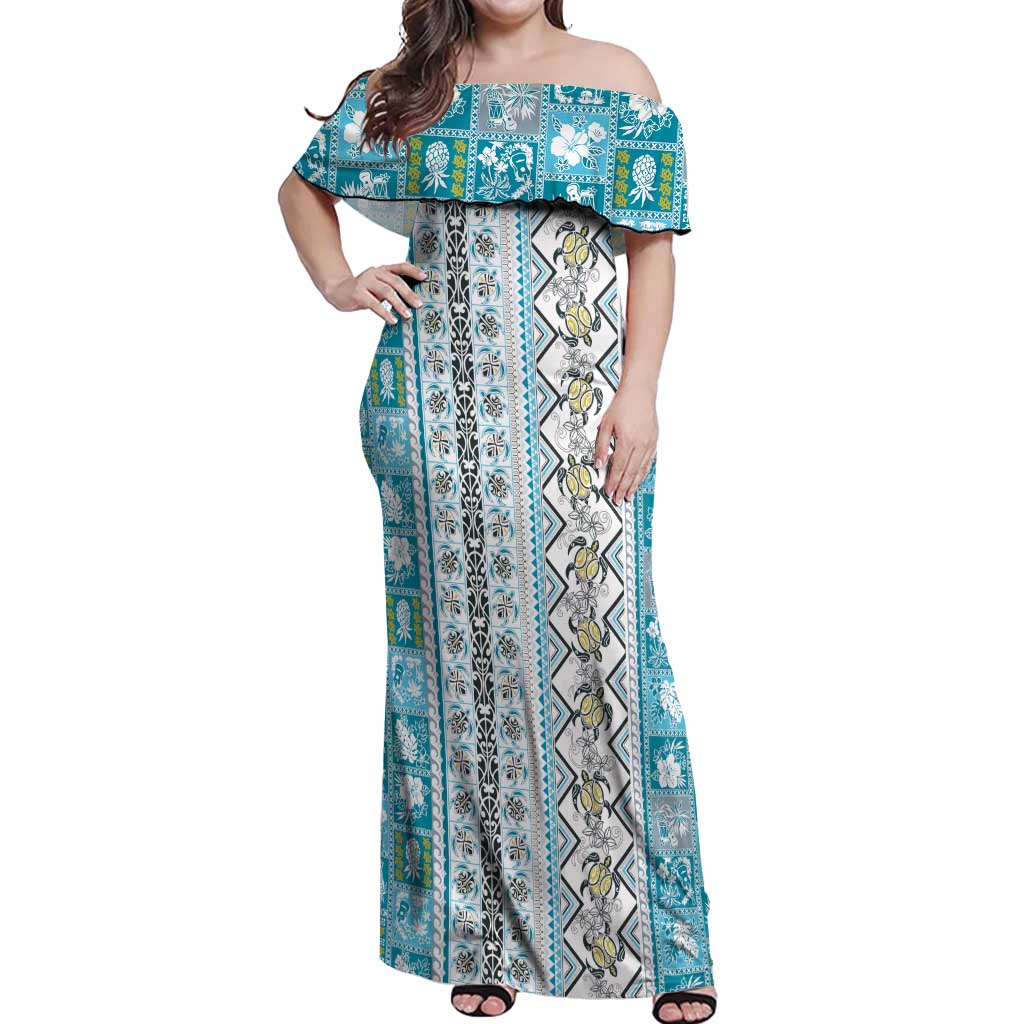 Hawaii Makahiki Turtle Off Shoulder Maxi Dress Blue Tapa Pattern - Polynesian Pride
