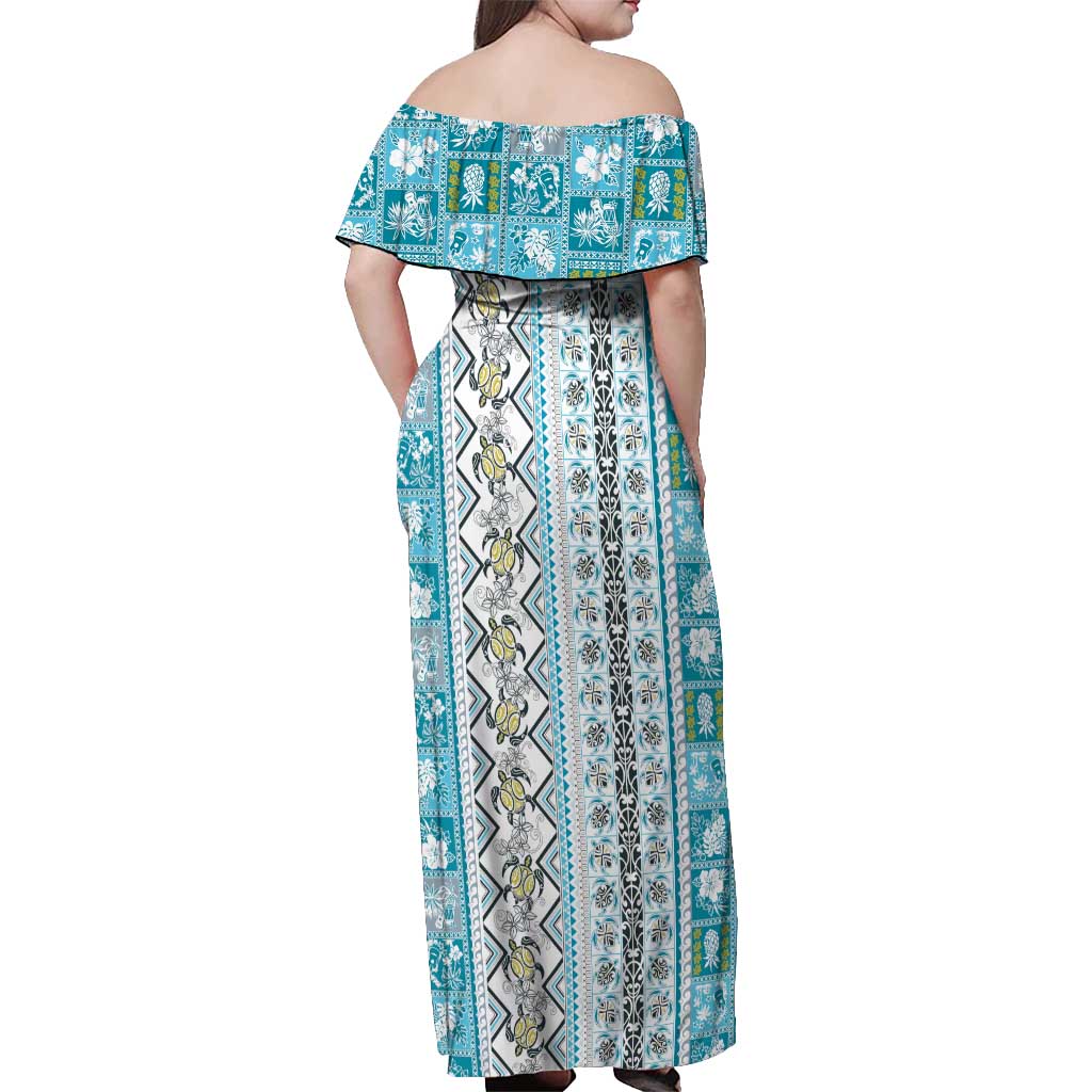 Hawaii Makahiki Turtle Off Shoulder Maxi Dress Blue Tapa Pattern - Polynesian Pride