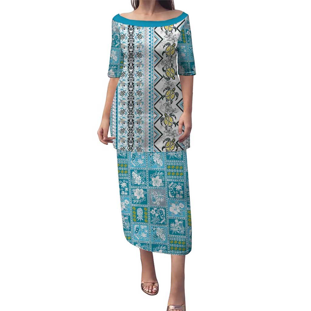 Hawaii Makahiki Turtle Puletasi Blue Tapa Pattern - Polynesian Pride