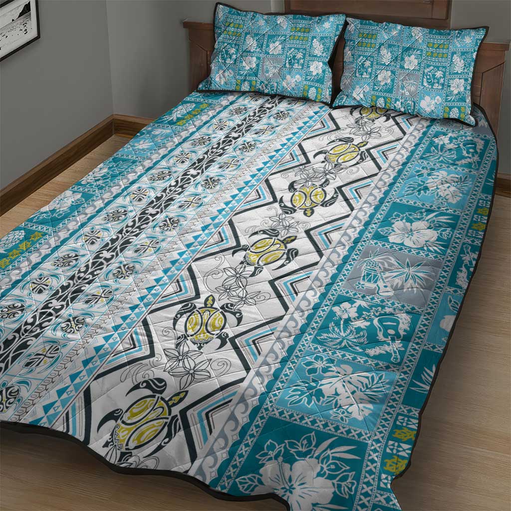 Hawaii Makahiki Turtle Quilt Bed Set Blue Tapa Pattern - Polynesian Pride