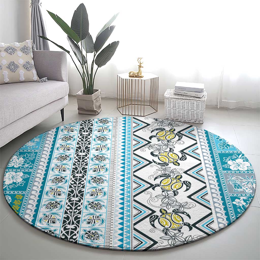 Hawaii Makahiki Turtle Round Carpet Blue Tapa Pattern - Polynesian Pride
