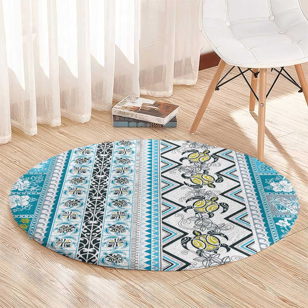 Hawaii Makahiki Turtle Round Carpet Blue Tapa Pattern - Polynesian Pride
