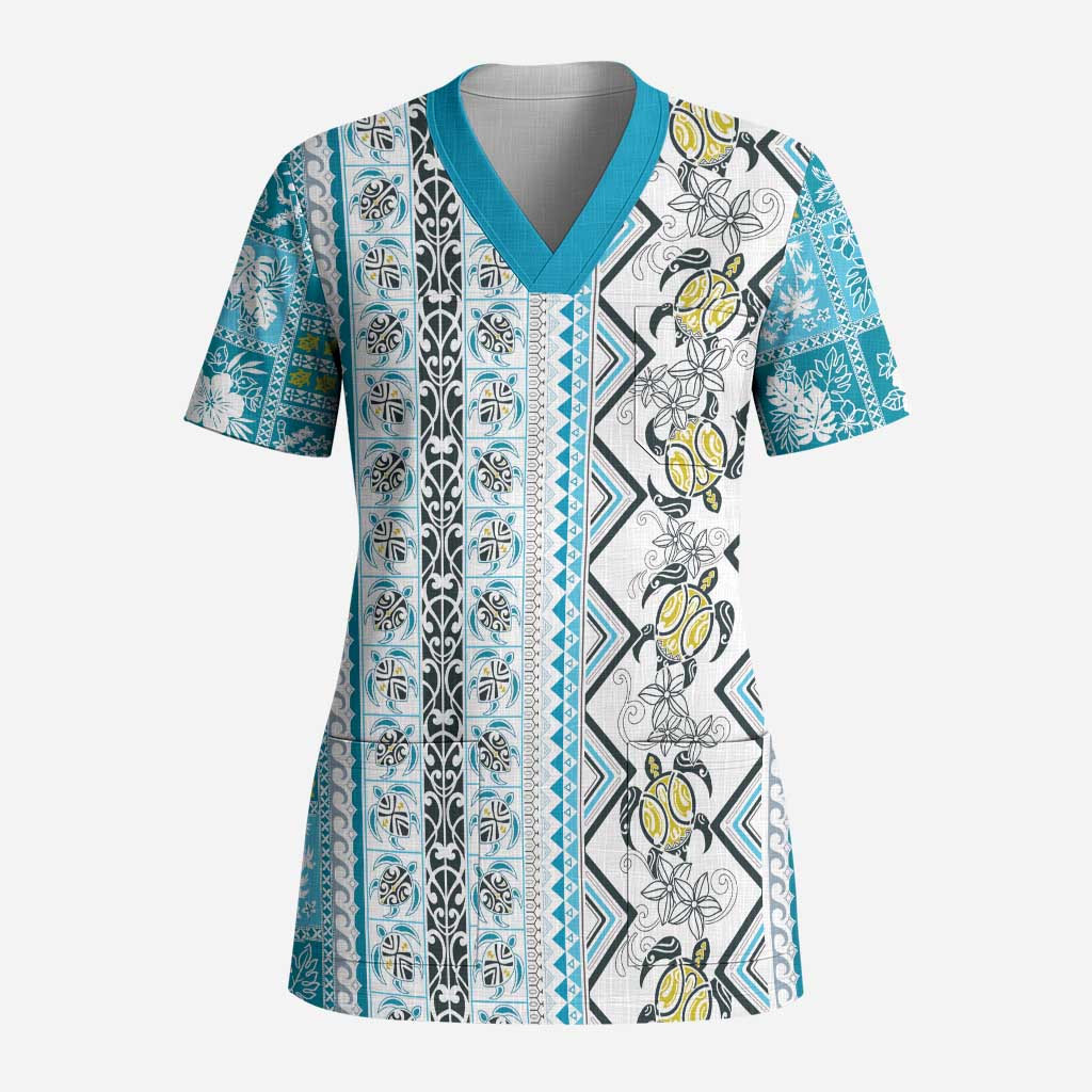 Hawaii Makahiki Turtle Scrub Top Blue Tapa Pattern LT05 Adult Blue - Polynesian Pride