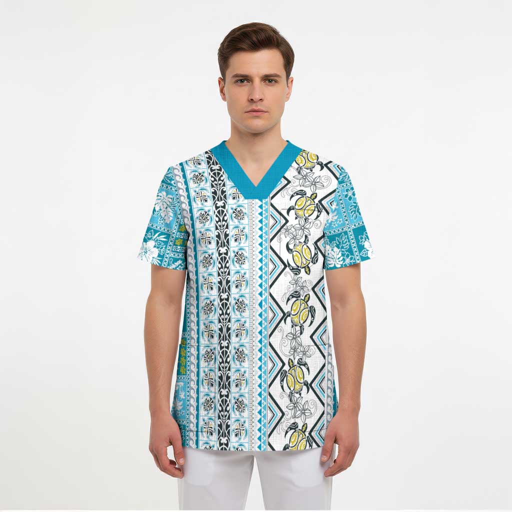 Hawaii Makahiki Turtle Scrub Top Blue Tapa Pattern - Polynesian Pride