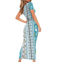 Hawaii Makahiki Turtle Short Sleeve Bodycon Dress Blue Tapa Pattern - Polynesian Pride