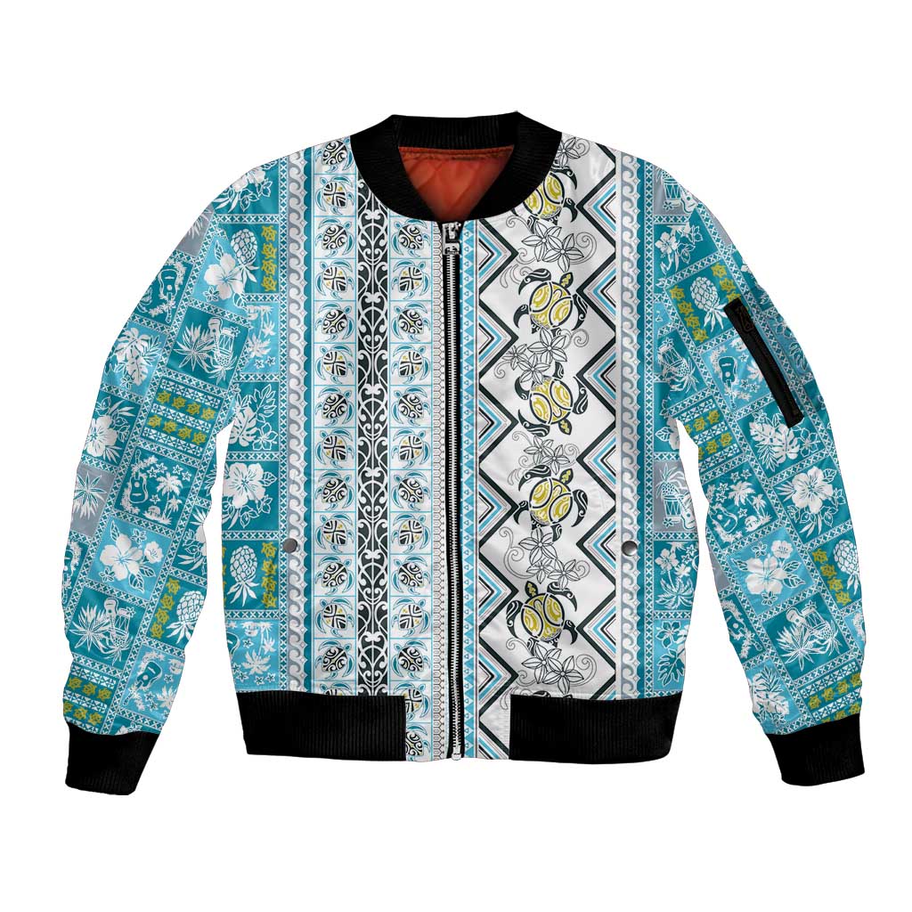 Hawaii Makahiki Turtle Sleeve Zip Bomber Jacket Blue Tapa Pattern - Polynesian Pride