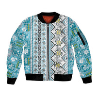 Hawaii Makahiki Turtle Sleeve Zip Bomber Jacket Blue Tapa Pattern - Polynesian Pride