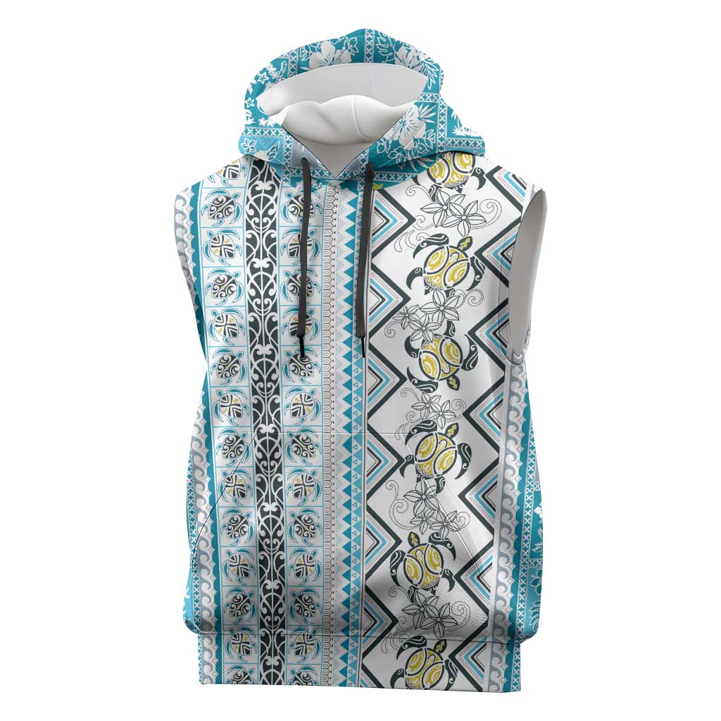 Hawaii Makahiki Turtle Sleeveless Hoodie Blue Tapa Pattern LT05 Blue - Polynesian Pride