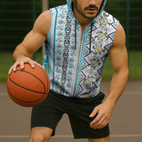 Hawaii Makahiki Turtle Sleeveless Zip Hoodie Blue Tapa Pattern - Polynesian Pride