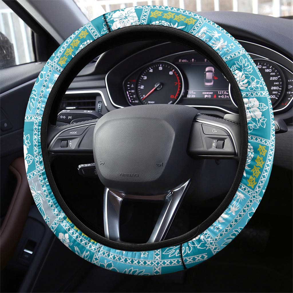 Hawaii Makahiki Turtle Steering Wheel Cover Blue Tapa Pattern - Polynesian Pride
