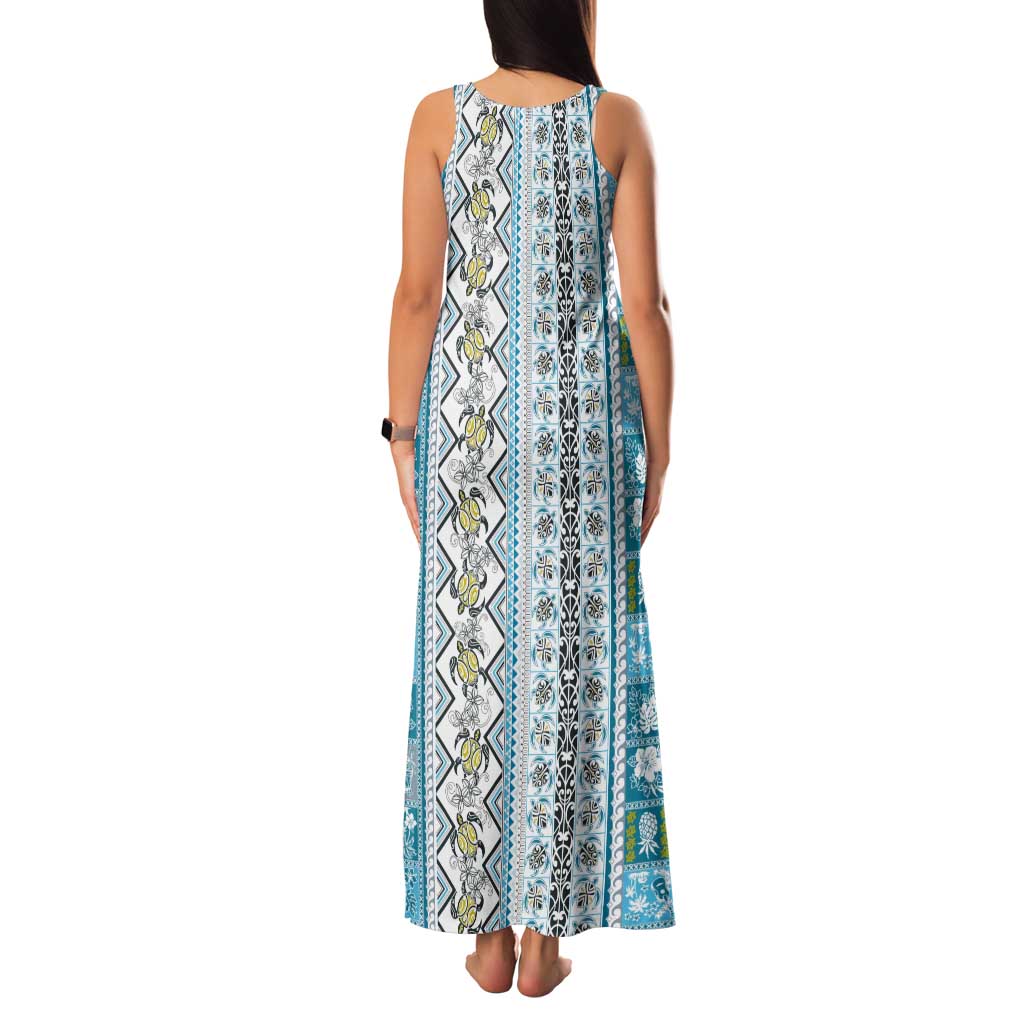 Hawaii Makahiki Turtle Tank Maxi Dress Blue Tapa Pattern - Polynesian Pride