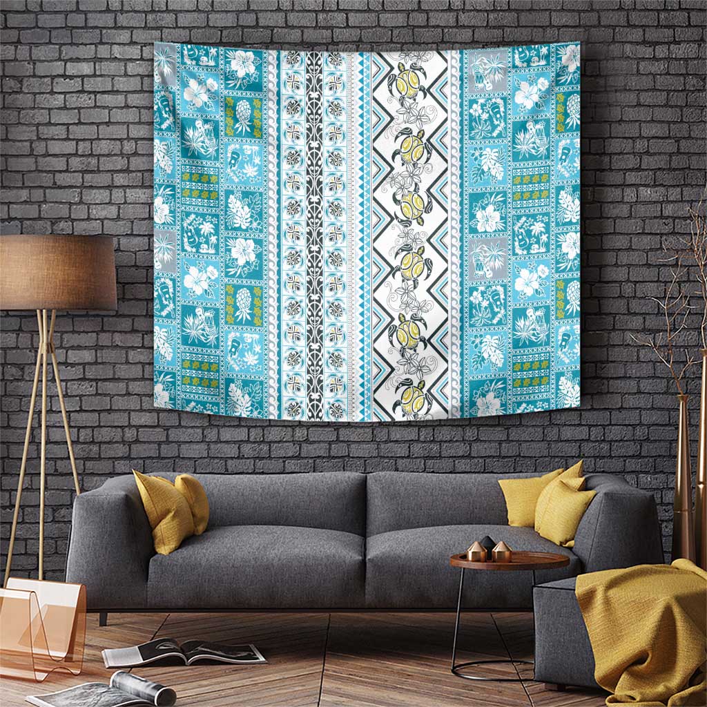 Hawaii Makahiki Turtle Tapestry Blue Tapa Pattern - Polynesian Pride