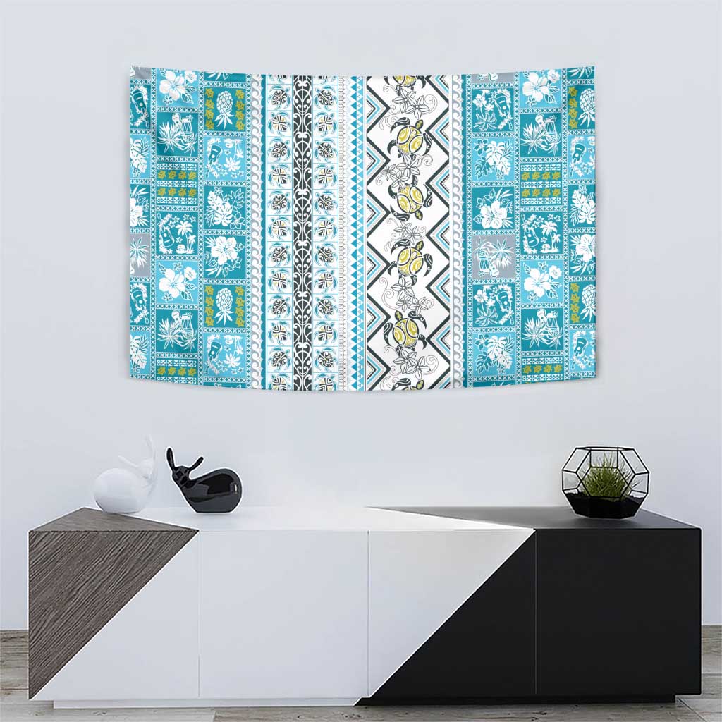 Hawaii Makahiki Turtle Tapestry Blue Tapa Pattern - Polynesian Pride