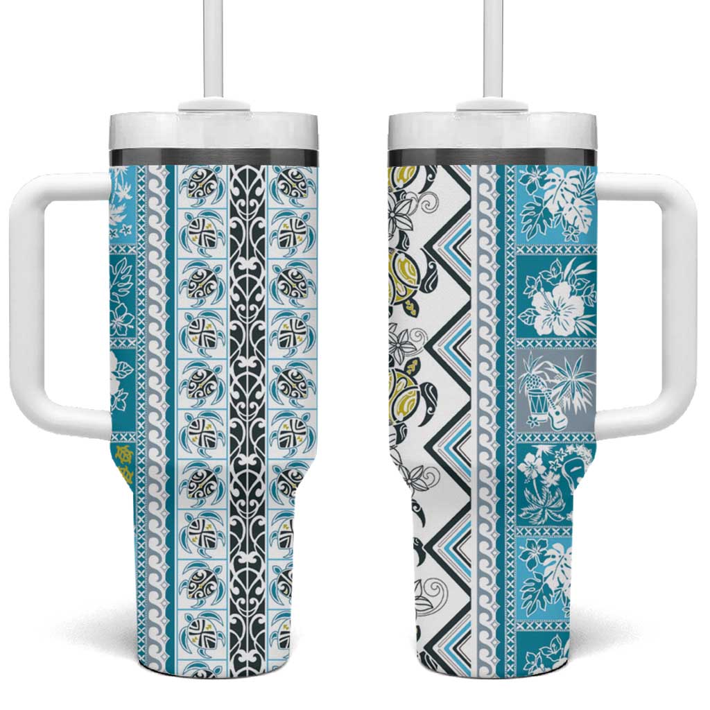 Hawaii Makahiki Turtle Tumbler With Handle Blue Tapa Pattern - Polynesian Pride