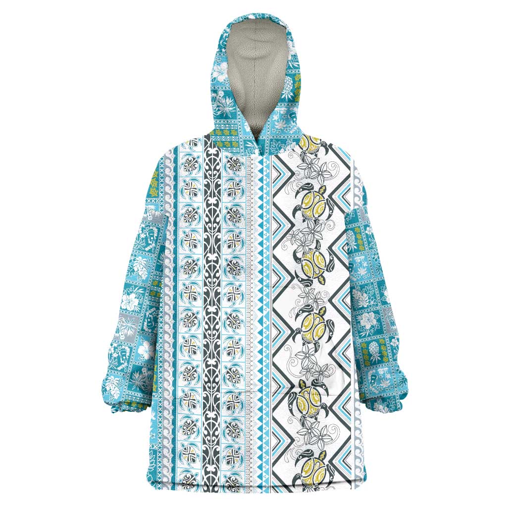 Hawaii Makahiki Turtle Wearable Blanket Hoodie Blue Tapa Pattern - Polynesian Pride