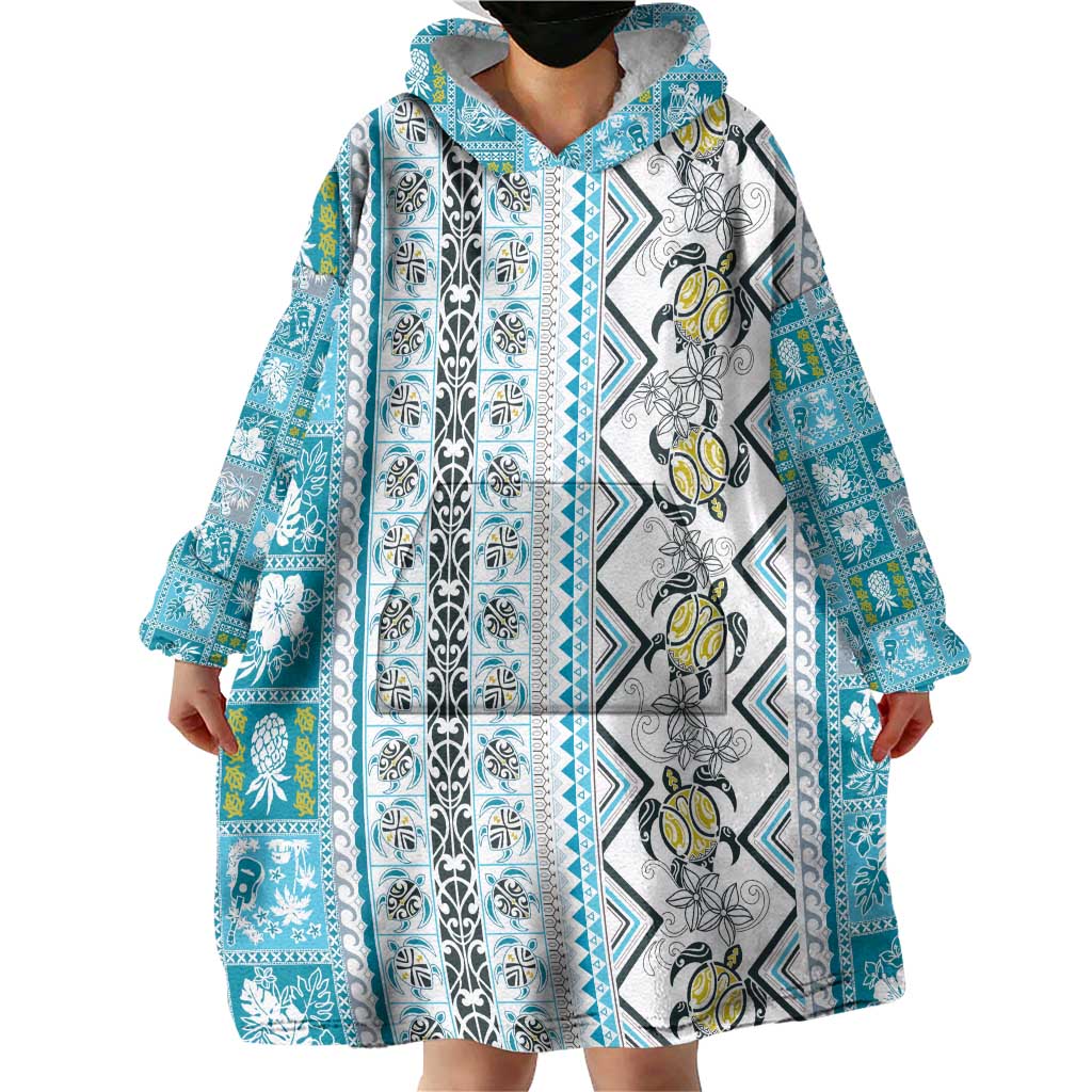 Hawaii Makahiki Turtle Wearable Blanket Hoodie Blue Tapa Pattern - Polynesian Pride