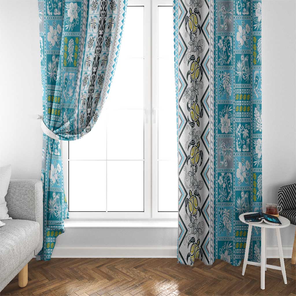 Hawaii Makahiki Turtle Window Curtain Blue Tapa Pattern - Polynesian Pride