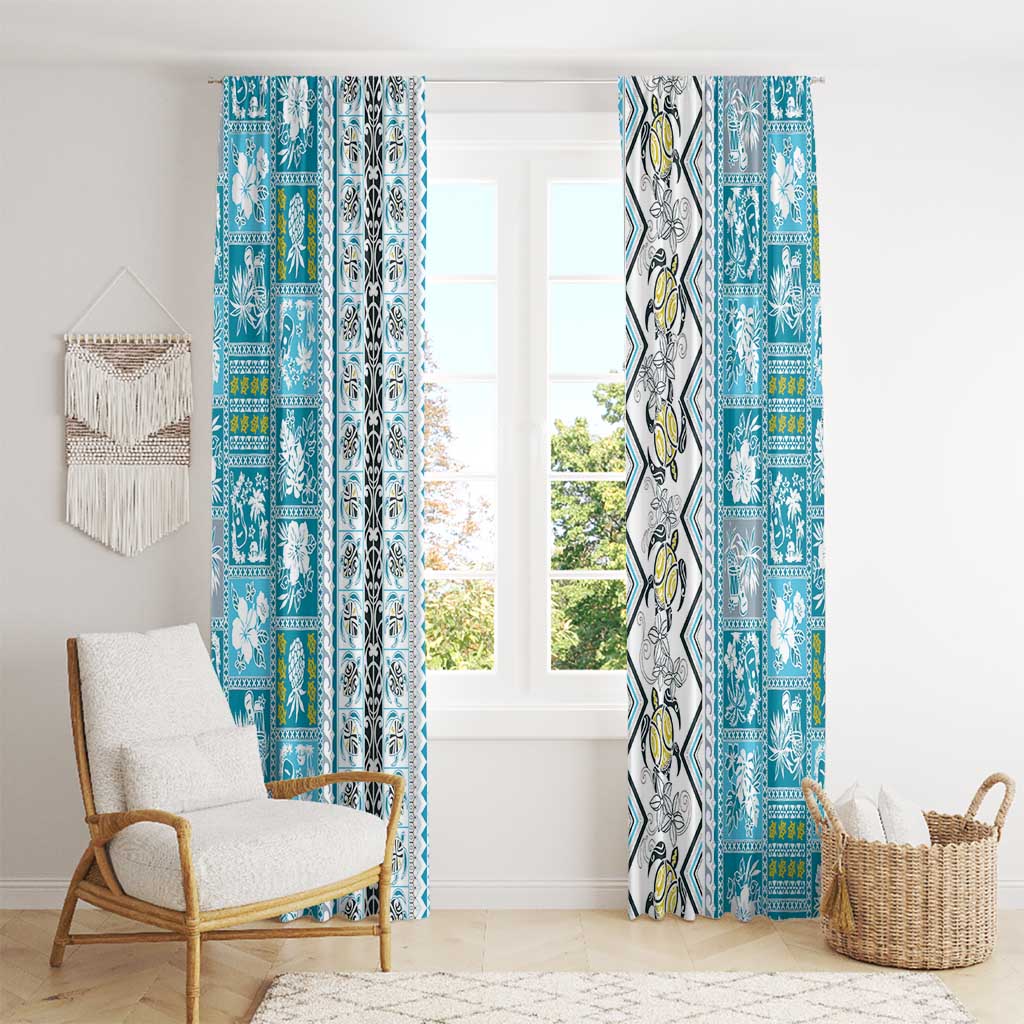Hawaii Makahiki Turtle Window Curtain Blue Tapa Pattern - Polynesian Pride