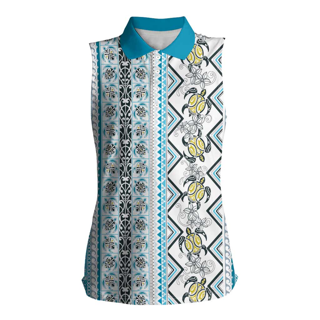 Hawaii Makahiki Turtle Women Sleeveless Polo Shirt Blue Tapa Pattern - Polynesian Pride