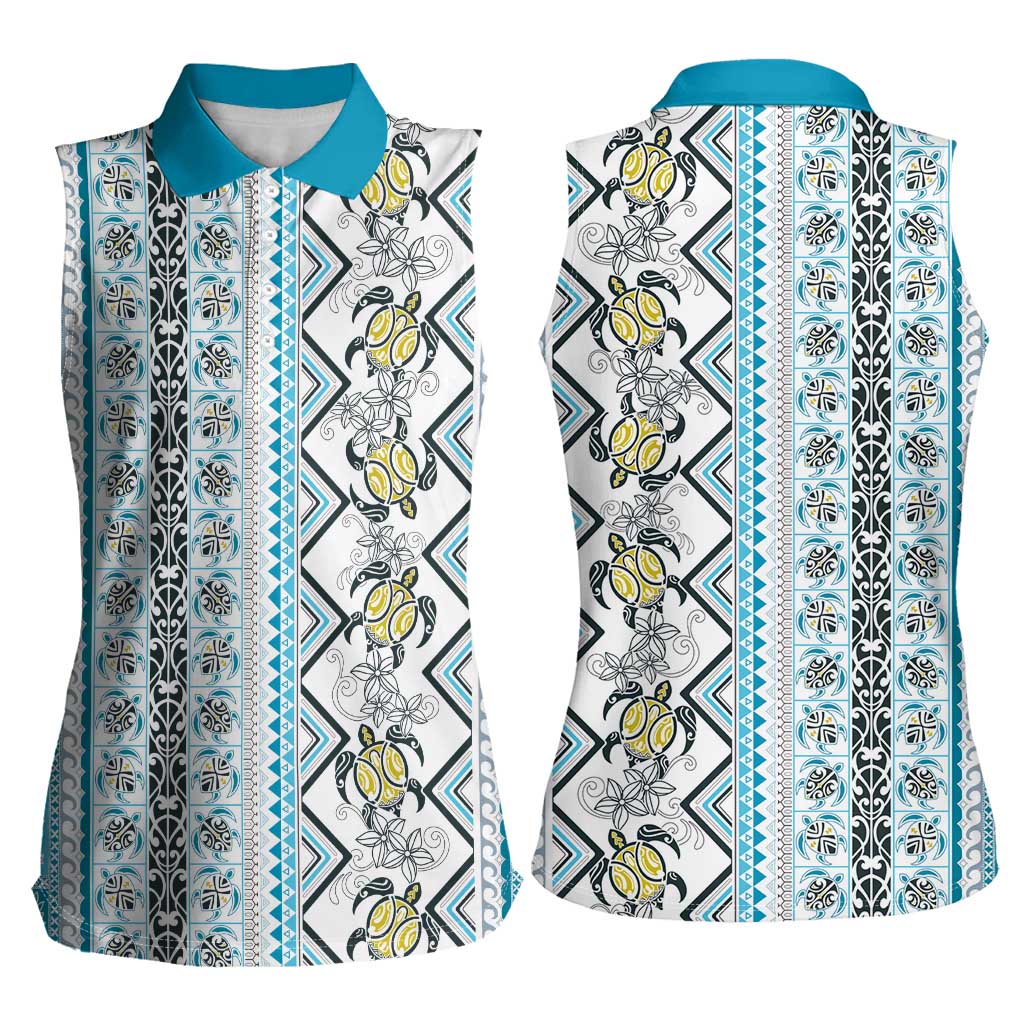 Hawaii Makahiki Turtle Women Sleeveless Polo Shirt Blue Tapa Pattern - Polynesian Pride