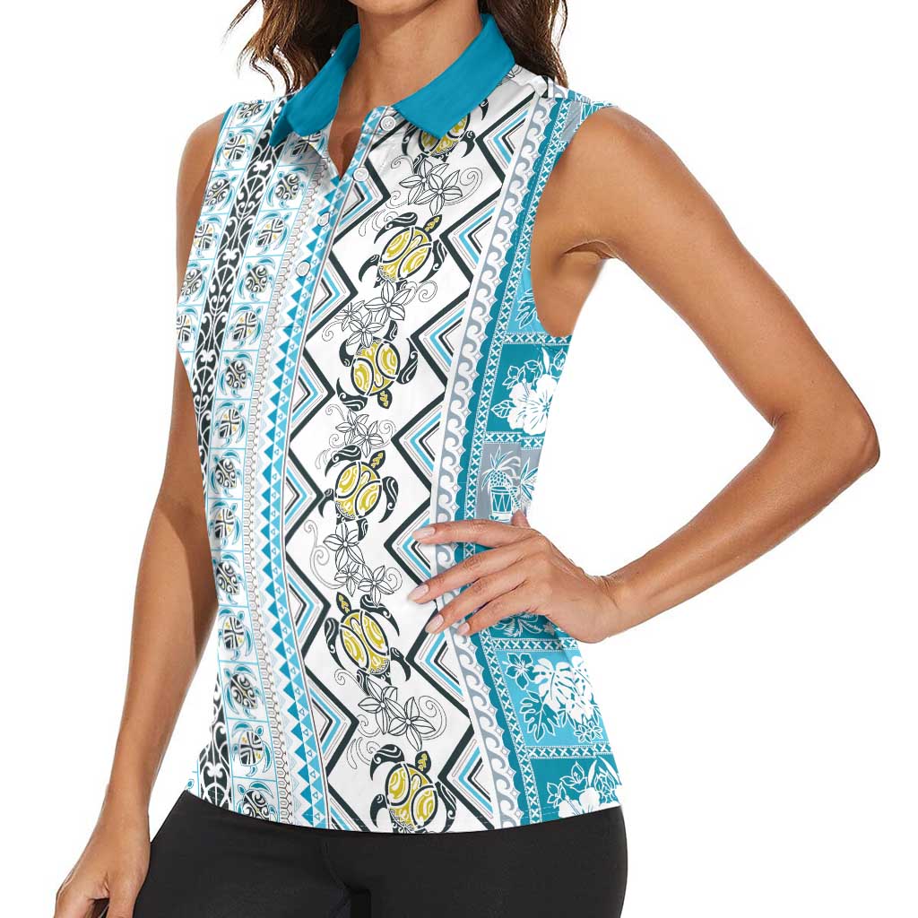 Hawaii Makahiki Turtle Women Sleeveless Polo Shirt Blue Tapa Pattern - Polynesian Pride
