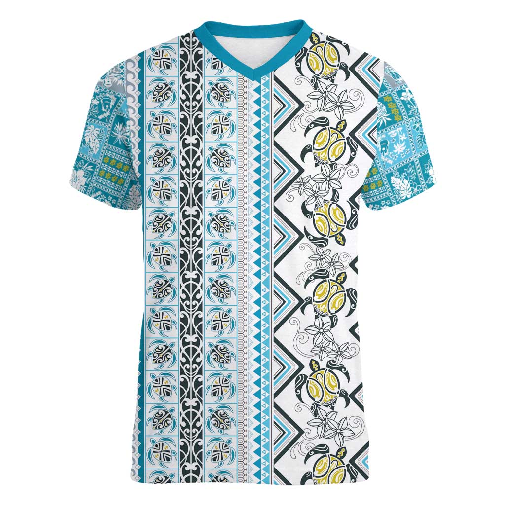 Hawaii Makahiki Turtle Women V-Neck T-Shirt Blue Tapa Pattern - Polynesian Pride
