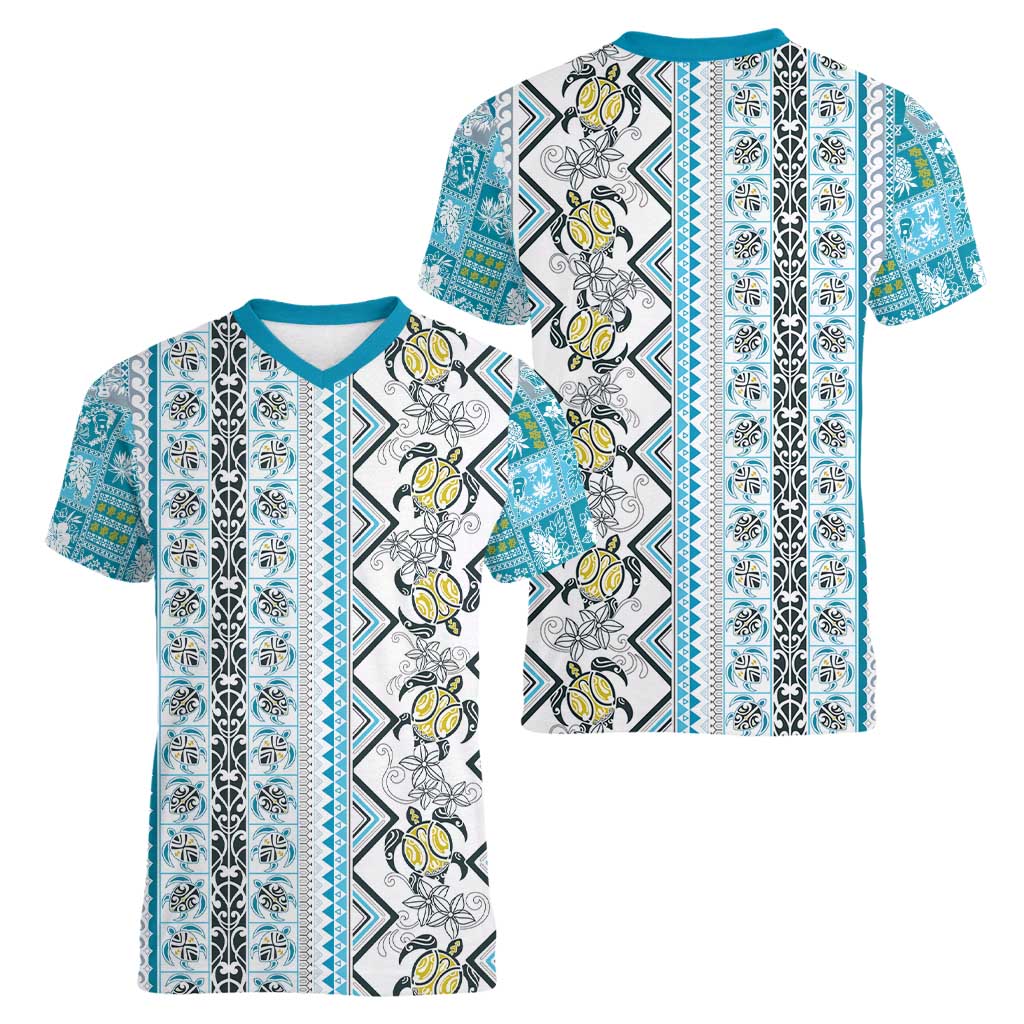 Hawaii Makahiki Turtle Women V-Neck T-Shirt Blue Tapa Pattern - Polynesian Pride