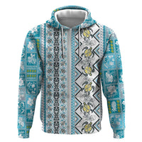 Hawaii Makahiki Turtle Zip Hoodie Blue Tapa Pattern - Polynesian Pride
