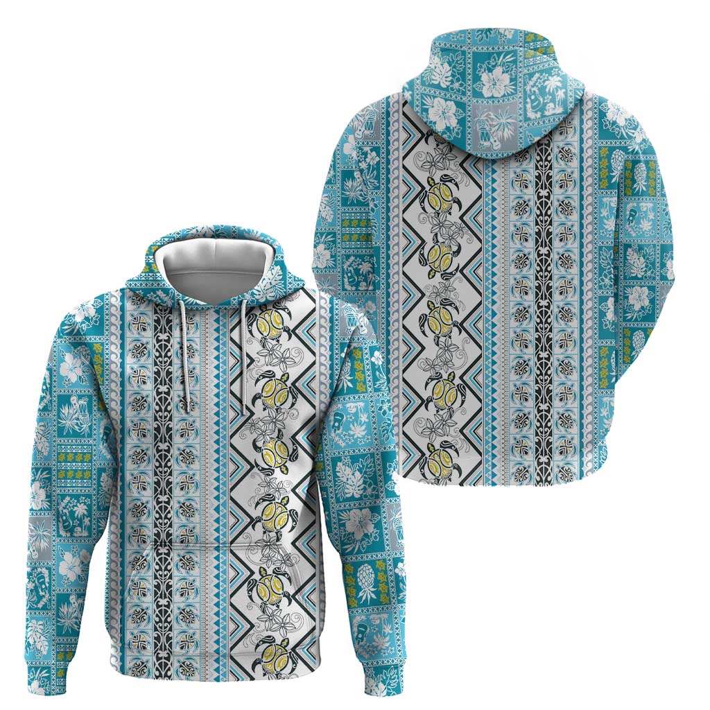 Hawaii Makahiki Turtle Zip Hoodie Blue Tapa Pattern - Polynesian Pride
